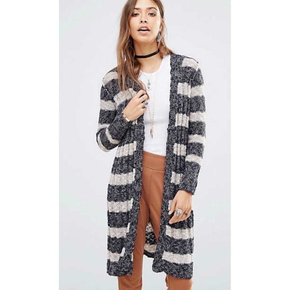 Free People Women's Chunky Knit Long Striped Cardigan Sweater Boho Cozy XS